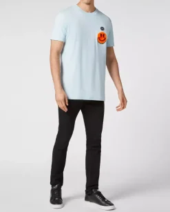 Błękitny t-shirt z naszywką Smile