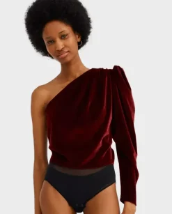 Bordowe asymetryczne body z weluru Flaneur