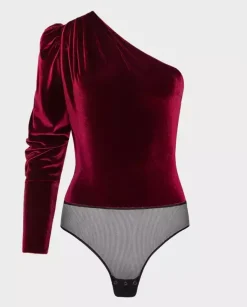 Bordowe asymetryczne body z weluru Flaneur