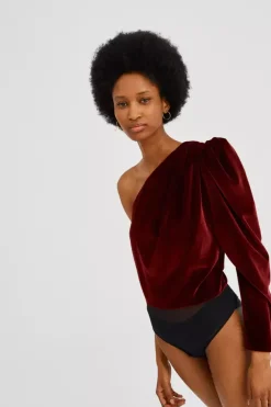 Bordowe asymetryczne body z weluru Flaneur
