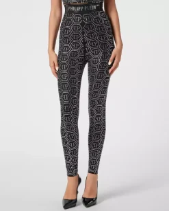 Czarne legginsy z kryształowym monogramem