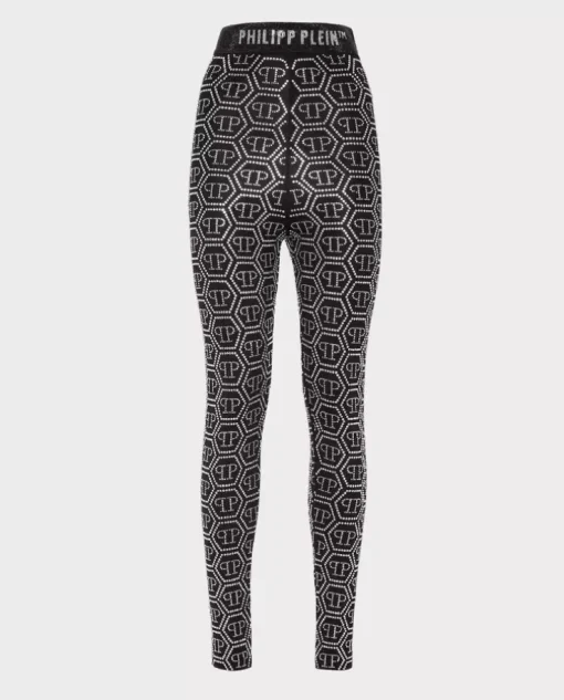 Czarne legginsy z kryształowym monogramem