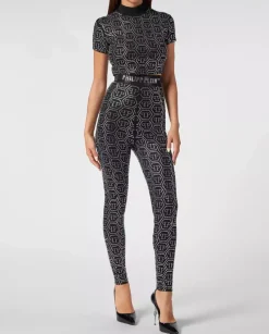 Czarne legginsy z kryształowym monogramem