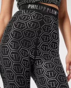 Czarne legginsy z kryształowym monogramem