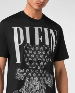 Czarny t-shirt z ozdobnym misiem i logo
