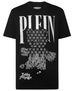 Czarny t-shirt z ozdobnym misiem i logo
