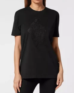 Czarny bawełniany t-shirt z haftem