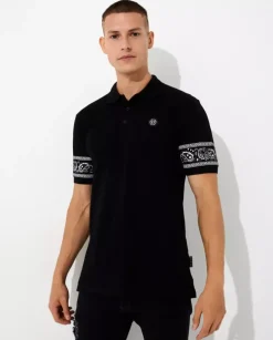 Czarny koszulka polo SS Paisley z czaszką