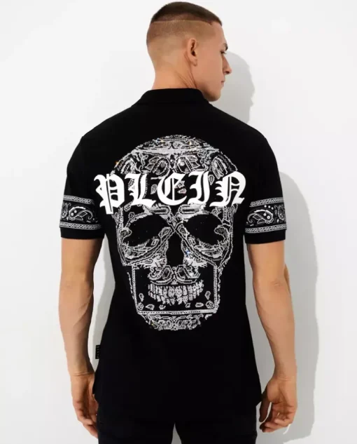 Czarny koszulka polo SS Paisley z czaszką