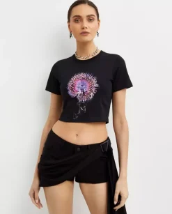 Czarny krótki t-shirt z nadrukiem Orchid Anemone