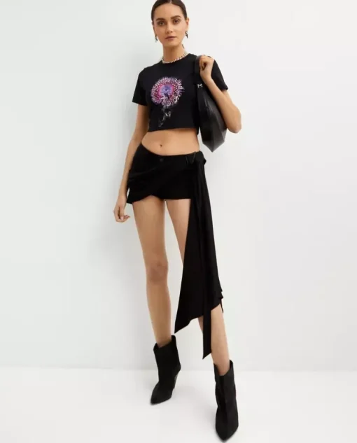 Czarny krótki t-shirt z nadrukiem Orchid Anemone
