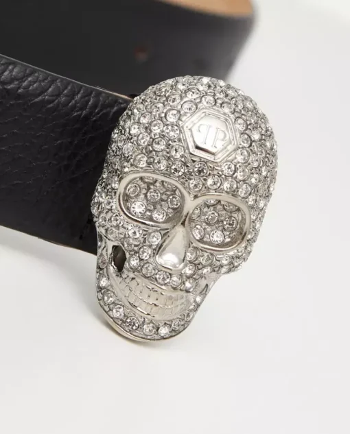 Czarny pasek z biżuteryjną klamrą Skull