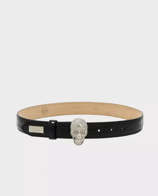 Czarny pasek z biżuteryjną klamrą Skull