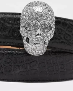 Czarny pasek z biżuteryjną klamrą Skull