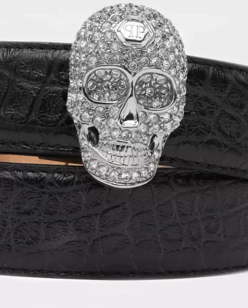 Czarny pasek z biżuteryjną klamrą Skull