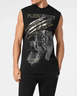 Czarny tank top z błyszczącym nadrukiem