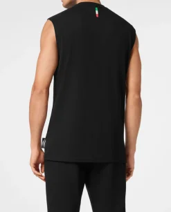 Czarny tank top z błyszczącym nadrukiem