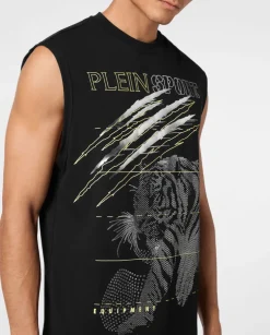 Czarny tank top z błyszczącym nadrukiem