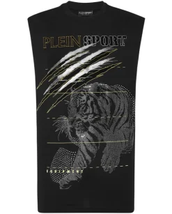 Czarny tank top z błyszczącym nadrukiem