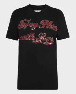Czarny t-shirt z cekinowym napisem