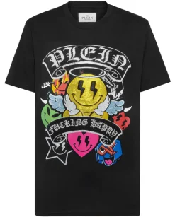 Czarny t-shirt z dużym zdobieniem z kryształów