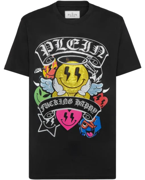 Czarny t-shirt z dużym zdobieniem z kryształów