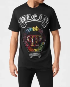 Czarny t-shirt z kolorową aplikacją z kryształów