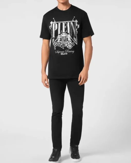 Czarny t-shirt z kryształami Racing Club
