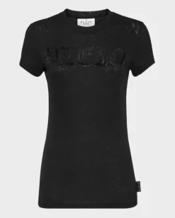 Czarny t-shirt z kryształowym logo Gothic
