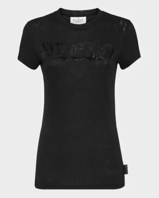 Czarny t-shirt z kryształowym logo Gothic