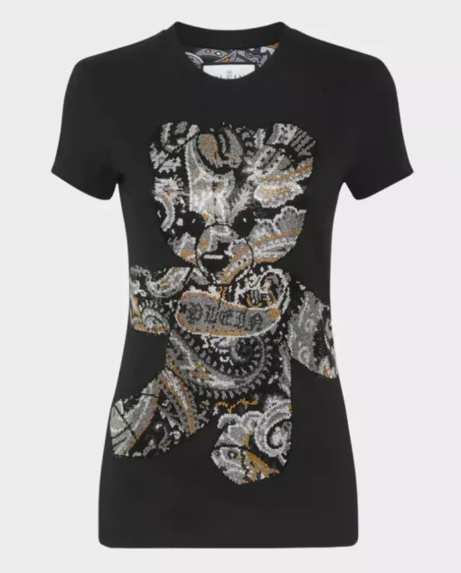 Czarny t-shirt z kryształowym misiem Paisley