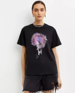 Czarny t-shirt z nadrukiem Orchid Anemone