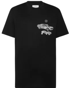 Czarny t-shirt z nadrukiem i okrągłym dekoltem
