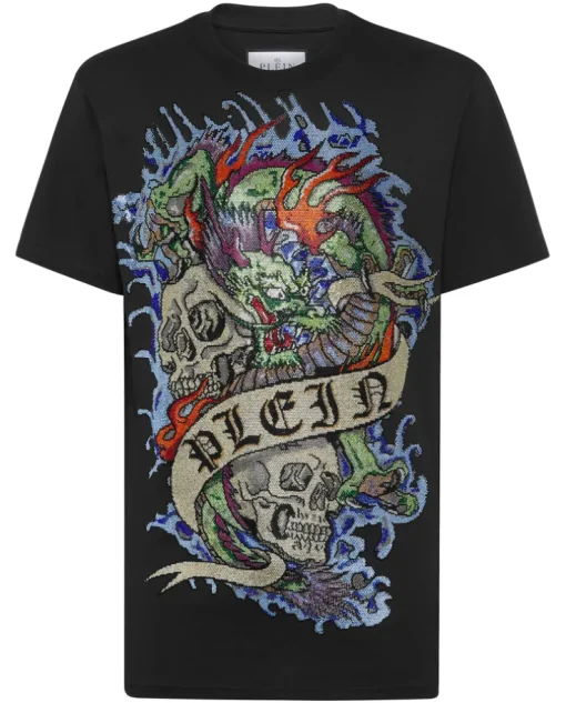 Czarny t-shirt z ozdobną aplikacją