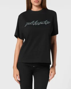 Czarny t-shirt z ozdobnym logo