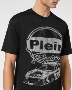 Czarny t-shirt z ozdobnym nadrukiem samochodu