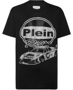 Czarny t-shirt z ozdobnym nadrukiem samochodu