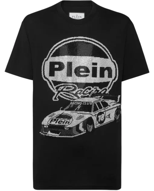 Czarny t-shirt z ozdobnym nadrukiem samochodu