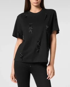 Czarny t-shirt z ozdobnymi frędzlami