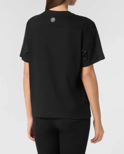 Czarny t-shirt z ozdobnymi frędzlami