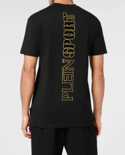 Czarny t-shirt ze złotą aplikacją