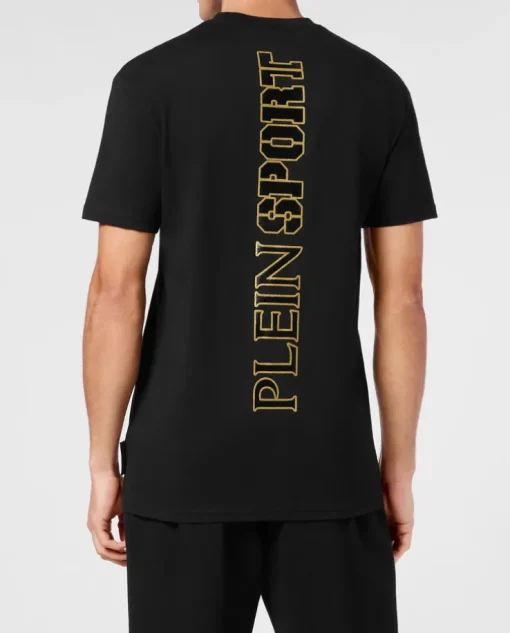 Czarny t-shirt ze złotą aplikacją