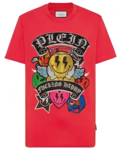 Czerwony t-shirt z dużym zdobieniem z kryształów