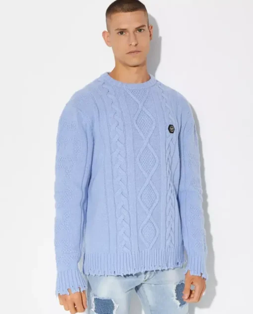 Dzianinowy błękitny sweter Skull & Bones