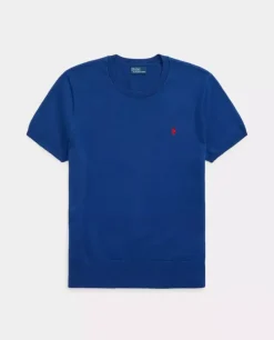 Dzianinowy niebieski sweter z krótkim rękawem i logo