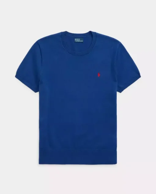 Dzianinowy niebieski sweter z krótkim rękawem i logo