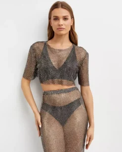 Grafitowy crop top z siateczki