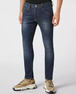 Granatowe jeansy z haftem Skull Skinny Fit