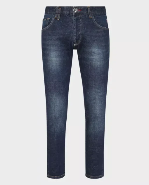 Granatowe jeansy z haftem Skull Skinny Fit