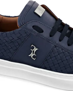 Granatowe skórzane sneakersy z plecionką
